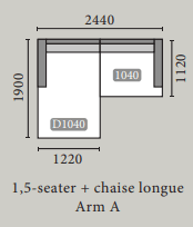 Skitse af 1,5-personers sofa med chaiselong, mål og dimensioner angivet.